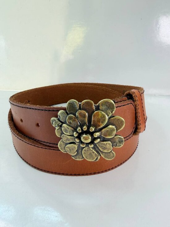Vintage Accessories - Vintage Genuine Leather Belt with Floral Buckle – Size L/XL